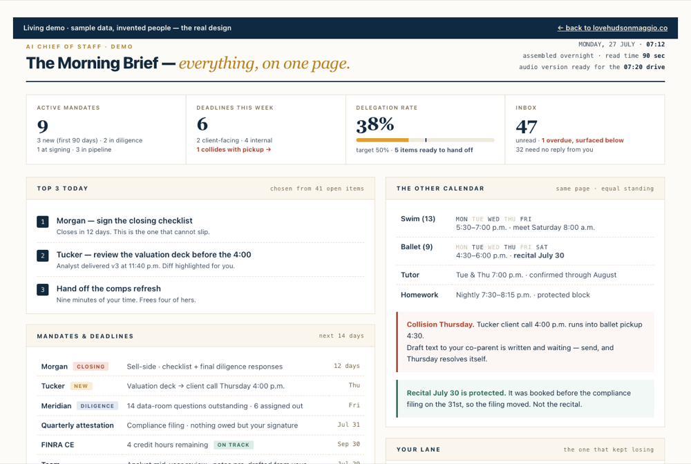 The Morning Brief demo — one page with Top 3, mandates and deadlines, and the family calendar at equal standing