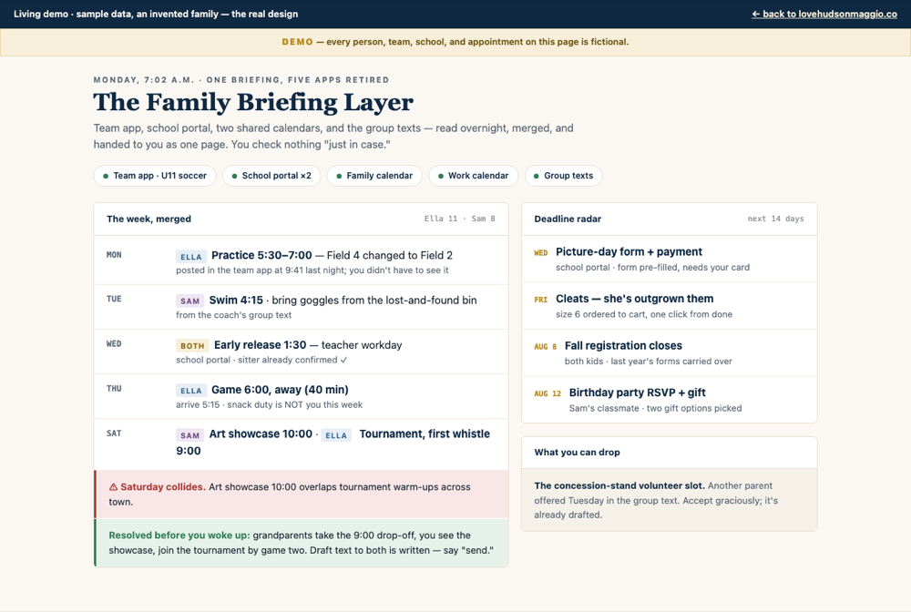 The Family Briefing Layer demo — a merged family week with a Saturday collision caught and resolved overnight