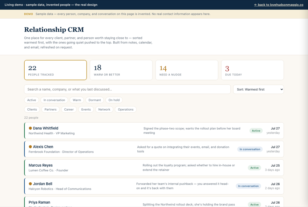 The Personal CRM demo — 22 people sorted warmest first, with the ones going quiet pushed to the top