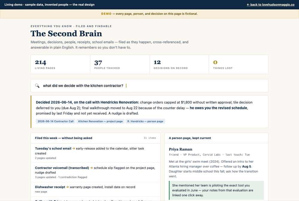 The Second Brain demo — a plain-English question answered from filed sources, and a week of items filed without being asked
